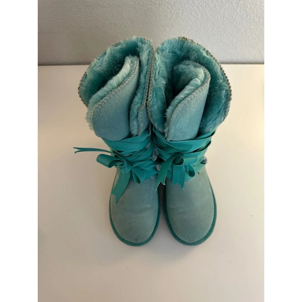 GQPY Women Turquoise Suede Ribbon Lace Up Faux Fur Lined Winter Boots 36
